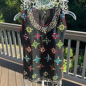 Madonna brand Black hand beaded / embroidered Sheer Tank Top Women’s Ethnic 28
